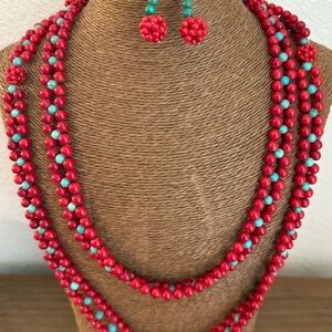Jay King DTR Red Coral and Turquoise Multi Strand Bead Necklace and Earring Set